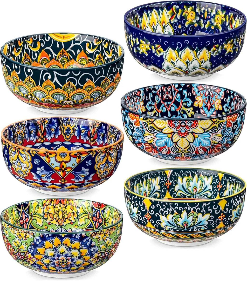 6 Piece Set, Bohemian Ceramic Soup Bowl, 28 oz Colorful Bowl Set